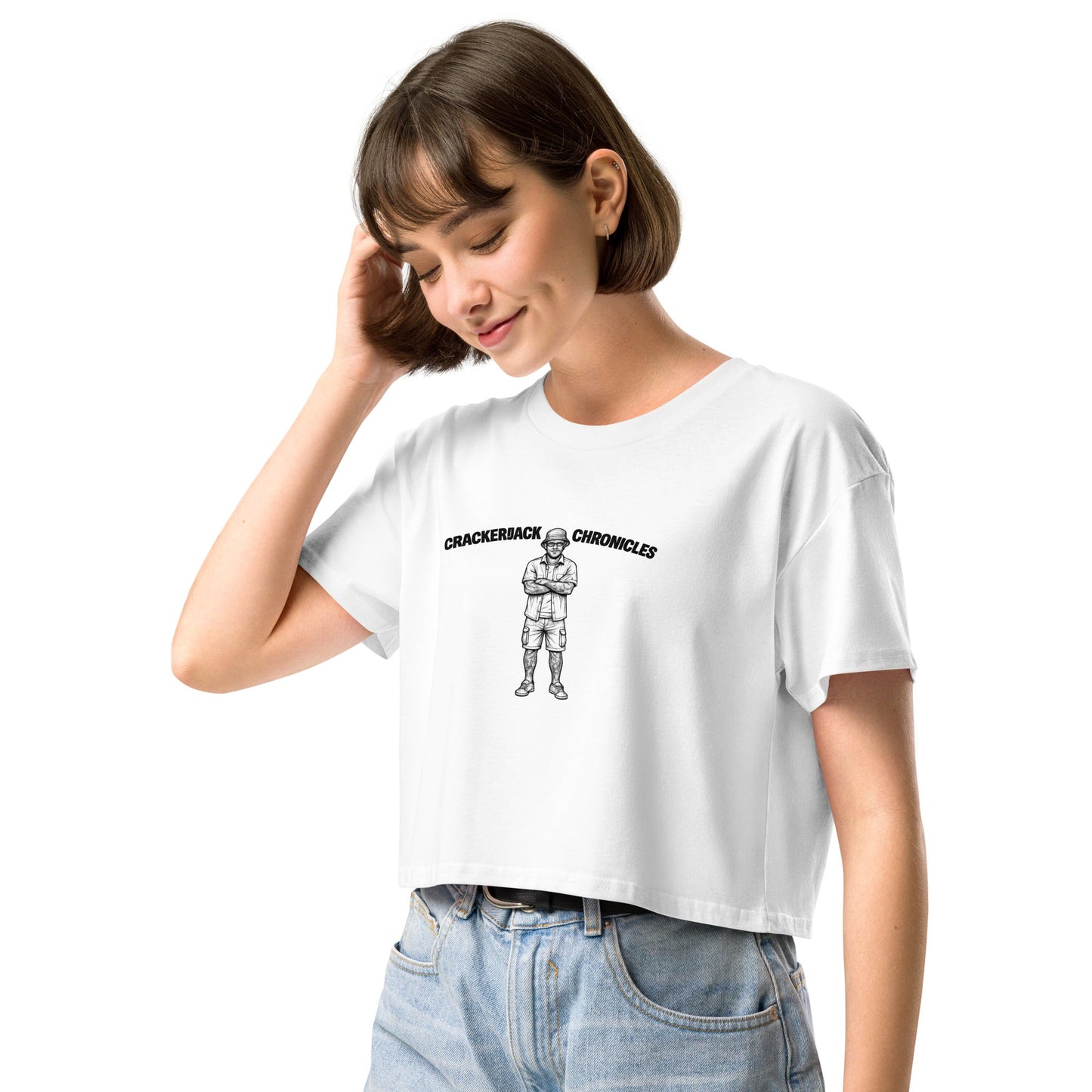 Women’s crop top - Crackerjack Chronicle: cotton tee relaxed fit dropped shoulders, ribbed neck, cropped length for summer.