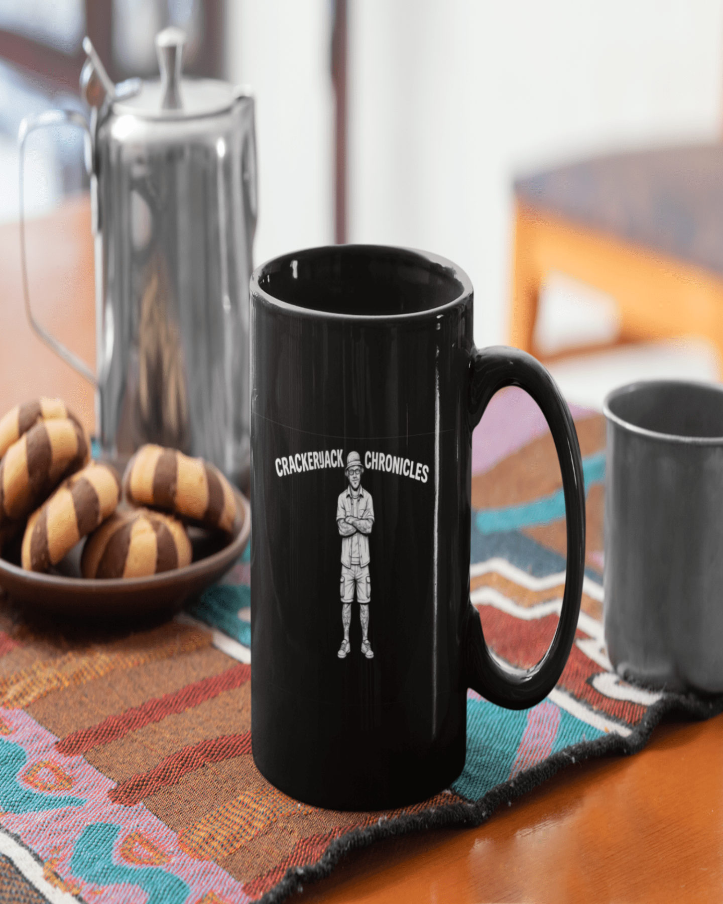 Black glossy mug - Crackerjack Chronicle sleek ceramic mug with glossy finish, durable build, easy to clean for daily use.