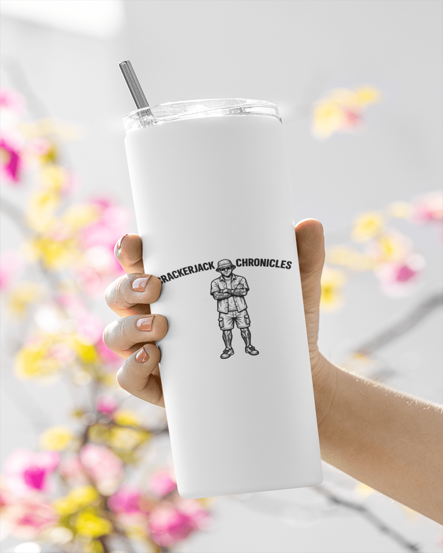 Stainless steel tumbler - Crackerjack Chronicle insulated cup for hot/cold drinks, durable reusable drinkware with lid.