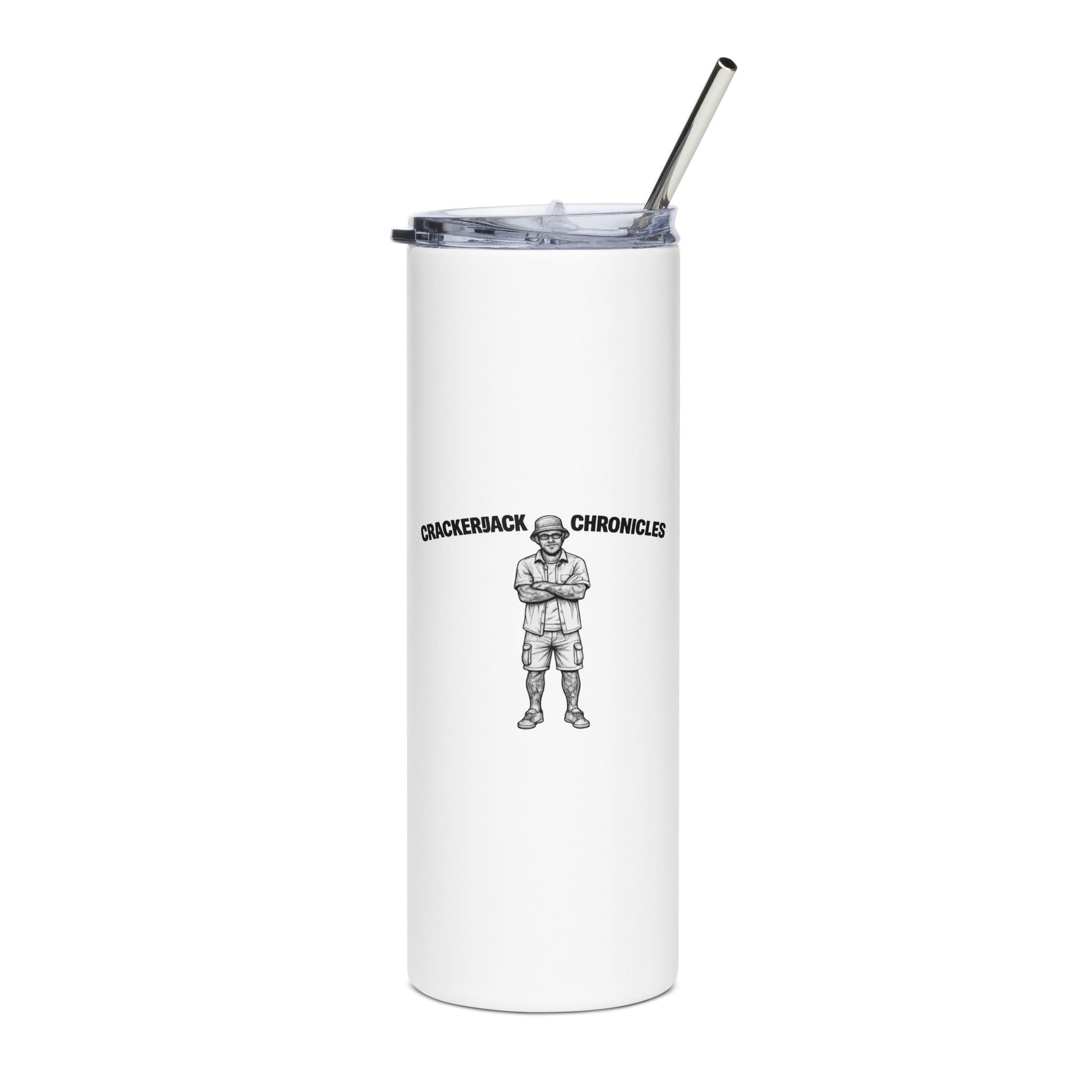 Stainless steel tumbler - Crackerjack Chronicle insulated cup for hot/cold drinks, durable reusable drinkware with lid.