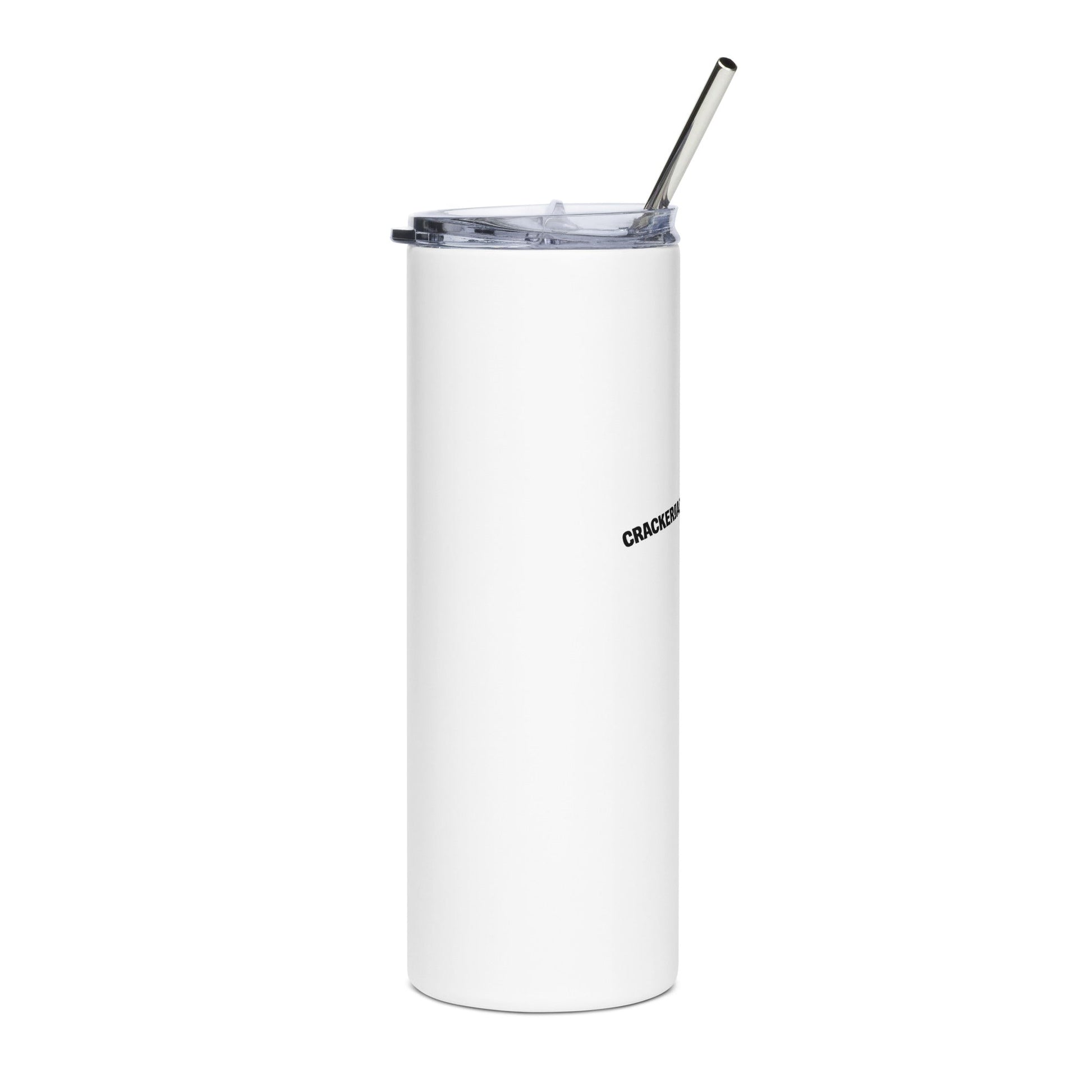 Stainless steel tumbler - Crackerjack Chronicle insulated cup for hot/cold drinks, durable reusable drinkware with lid.