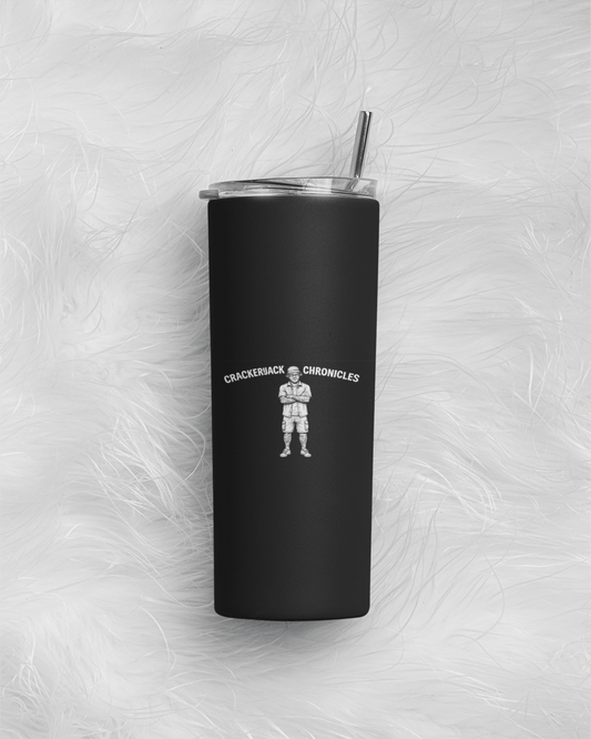 Stainless steel tumbler - Crackerjack Chronicle insulated travel cup for hot/cold drinks, durable reusable drinkware with lid