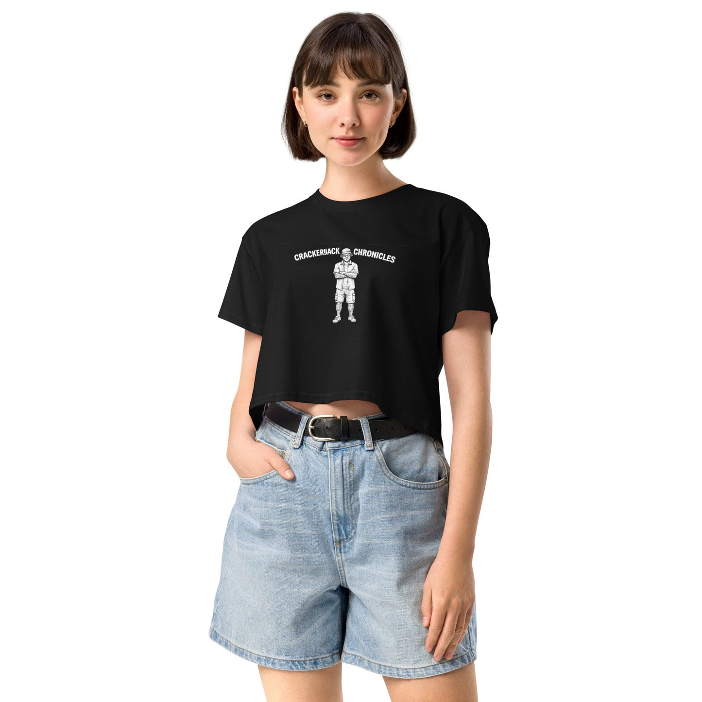 Crackerjack Chronicle women’s crop top: soft combed cotton, relaxed fit, dropped shoulders, ribbed neck, cropped for summer.