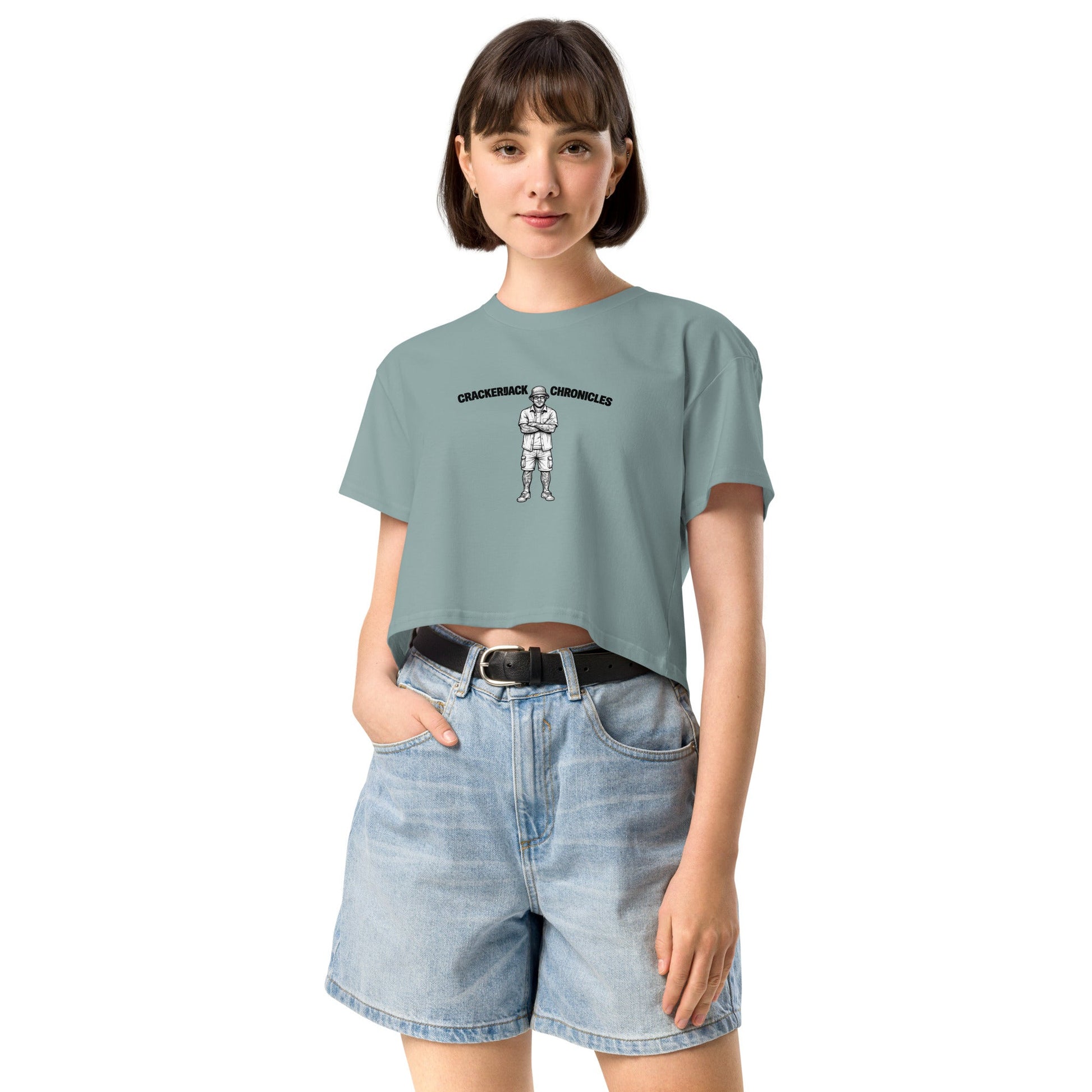 Women’s crop top - Crackerjack Chronicle: cotton tee relaxed fit dropped shoulders, ribbed neck, cropped length for summer.