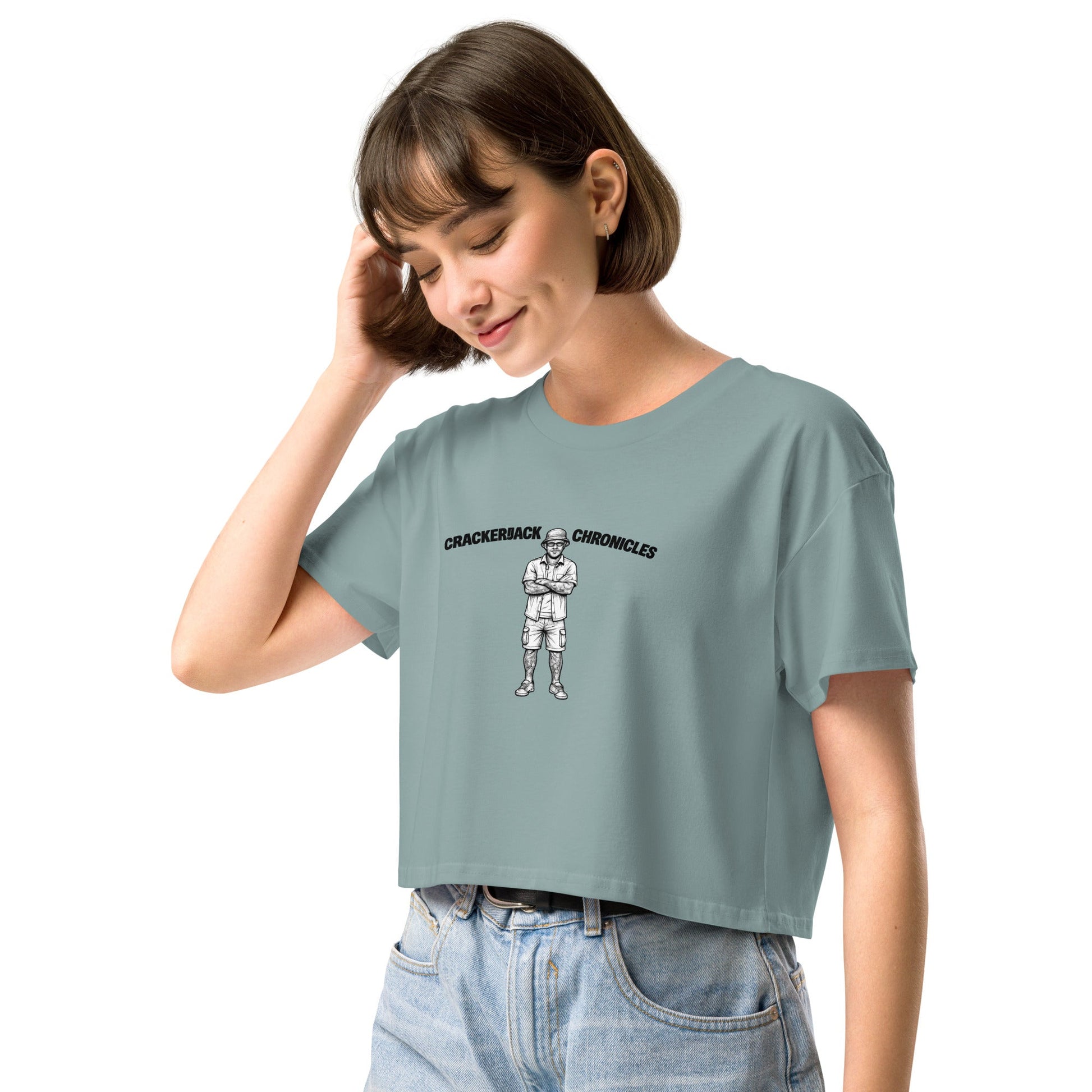 Women’s crop top - Crackerjack Chronicle: cotton tee relaxed fit dropped shoulders, ribbed neck, cropped length for summer.