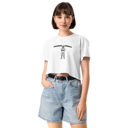 Women’s crop top - Crackerjack Chronicle soft combed cotton tee, relaxed fit, dropped shoulders, ribbed neck, cropped length.