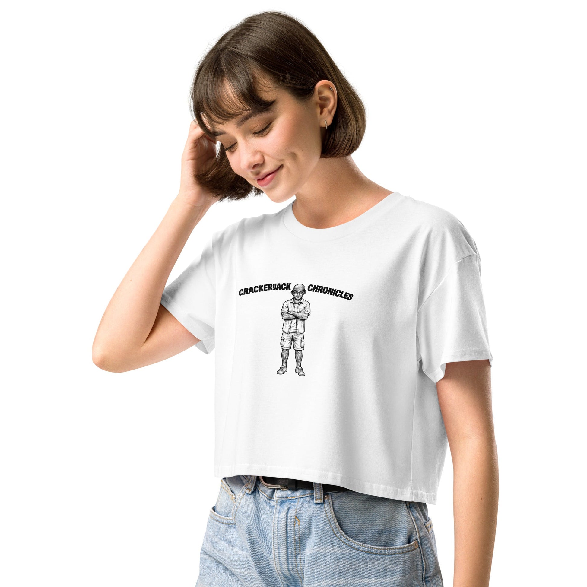Women’s crop top - Crackerjack Chronicle: cotton tee relaxed fit dropped shoulders, ribbed neck, cropped length for summer.